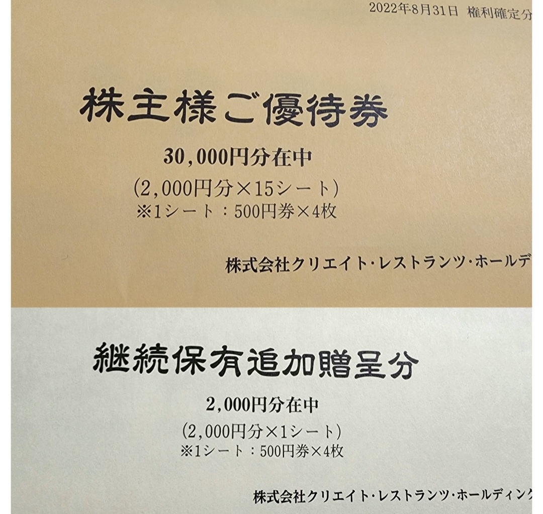 クリエイトレストランツの株主優待券（５００円分）１６枚分